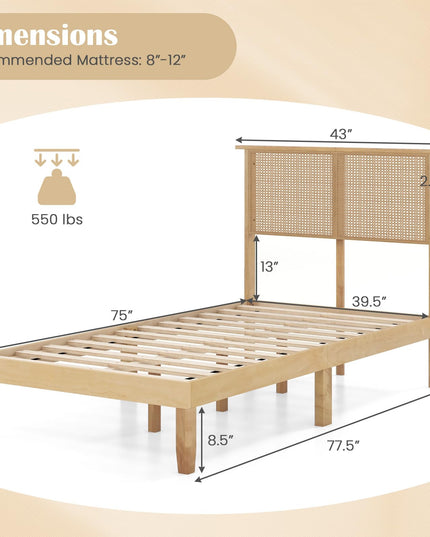 Giantex Bed Frames with Rattan Headboard, Boho Solid Wood Platform Bed with Wooden Slats