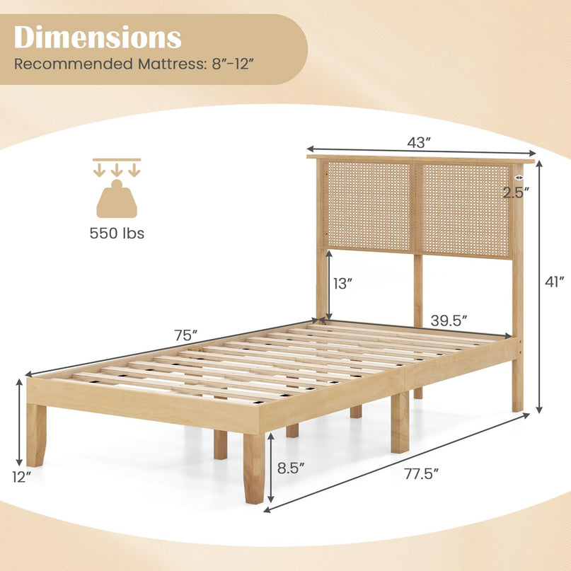 Giantex Bed Frames with Rattan Headboard, Boho Solid Wood Platform Bed with Wooden Slats