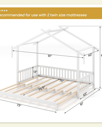Giantex Extendable House Bed for Kids, Twin to King Daybed with Roof & Fence Rails, Wood Kids Bed Frame for Teens