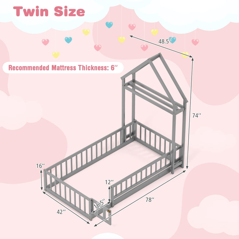 Giantex Twin House Floor Bed for Kids for Girls or Boys