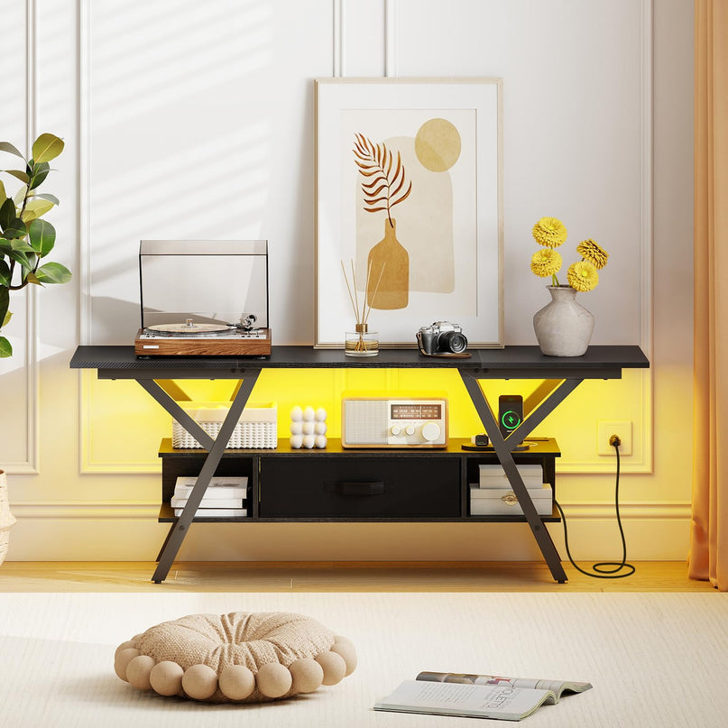 Giantex Black TV Stand with Power Outlets for 65" TVs 3-Tier Entertainment Center