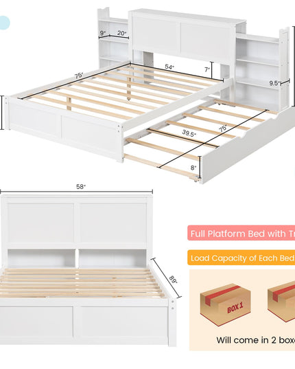 Giantex Full Bed Frame with Twin Trundle, Wooden Bed Wooden Bed Frame with 2 Rolling Bookcases & High Headboard