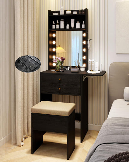 CHARMAID Small Vanity Desk with Mirror and Lights, Makeup Vanity Table with Charging Station, Drawers, Shelves, Foldable Side Table