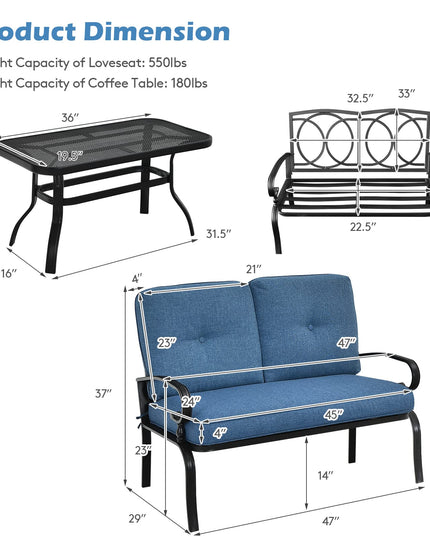 Giantex 2 Pcs Patio Loveseat with Coffee Table Outdoor Bench with Cushion and Metal Frame