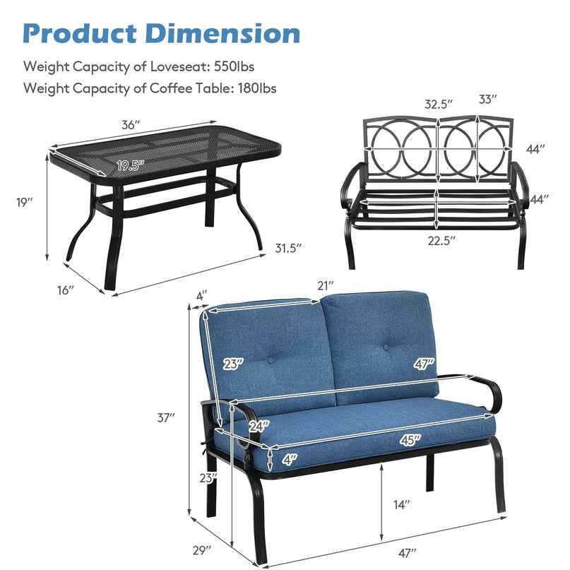 Giantex 2 Pcs Patio Loveseat with Coffee Table Outdoor Bench with Cushion and Metal Frame