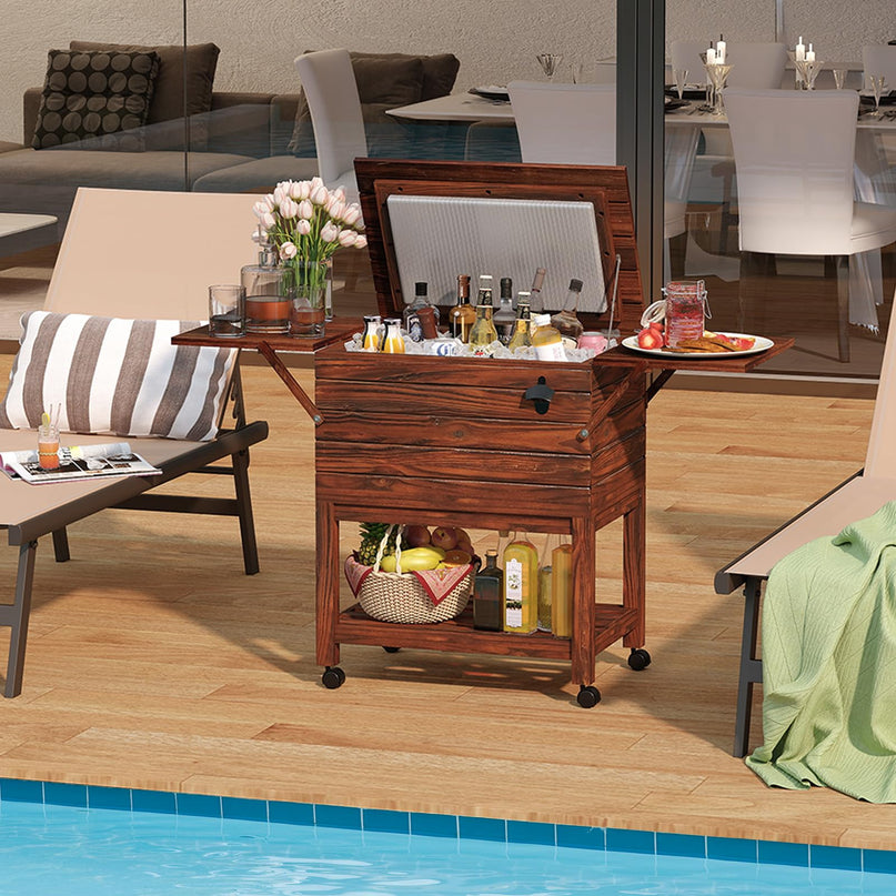 Giantex 54QT Wooden Patio Cooler Cart with Wheels Insulated Rolling Ice Chest with Drain
