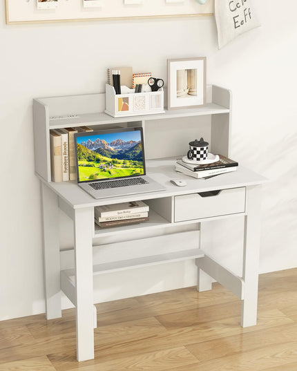 Giantex White Computer Desk with Hutch, Home Office Desk with Power Outlets, USB Ports