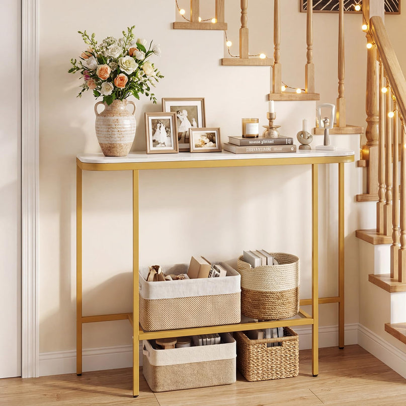 Console d'entrée Giantex de 112 cm avec plateau en faux marbre et cadre en métal robuste
