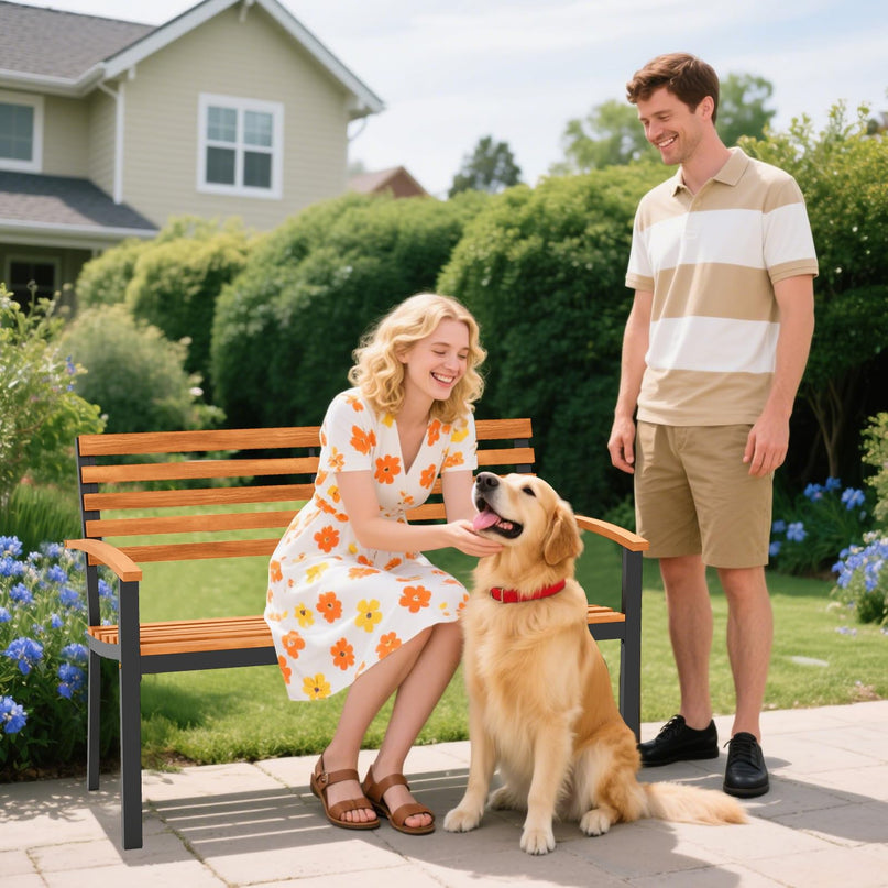 Giantex Outdoor 2-Person Bench with Slatted Backrest & Seat Armrests