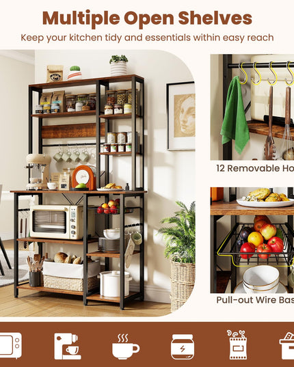 Giantex Large Bakers Rack with Power Outlet 6-Tier Microwave Stand with Wire Basket