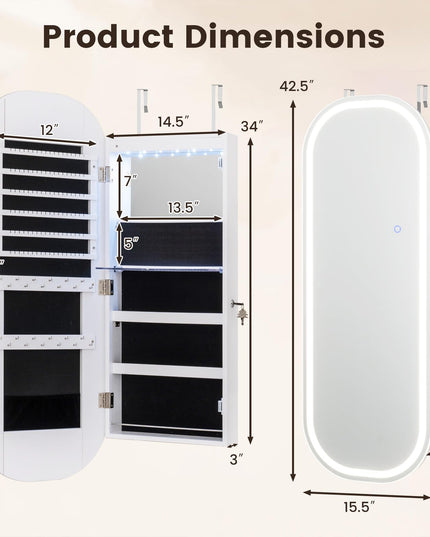 CHARMAID Wall Mount & Over the Door LED Full Length Mirror Jewelry Cabinet