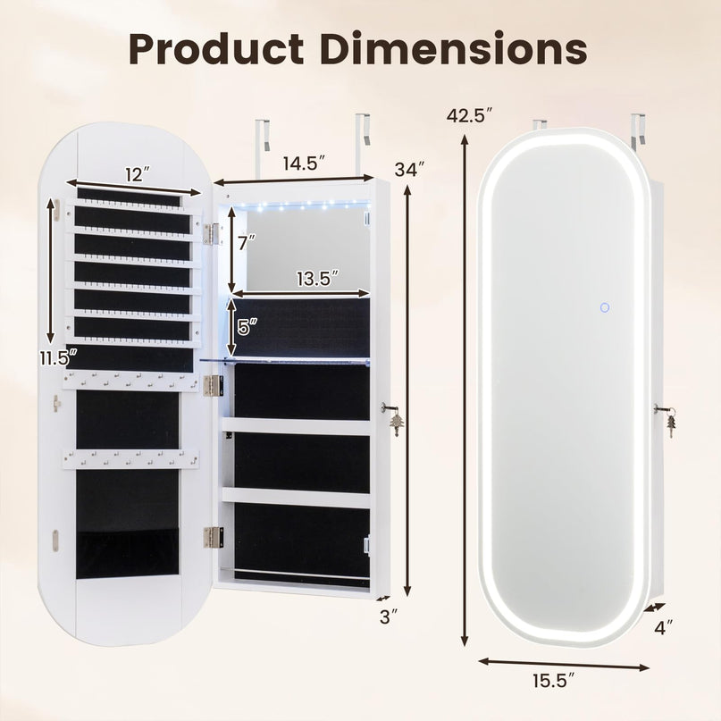 CHARMAID Wall Mount & Over the Door LED Full Length Mirror Jewelry Cabinet
