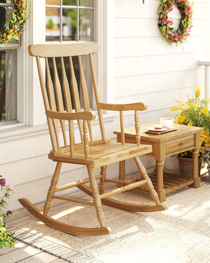 Giantex Outdoor Wood Rocking Chair Patio Rocking Chair with Solid Rubber Wood Frame