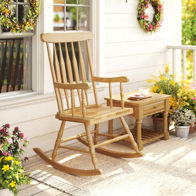 Giantex Outdoor Wood Rocking Chair Patio Rocking Chair with Solid Rubber Wood Frame