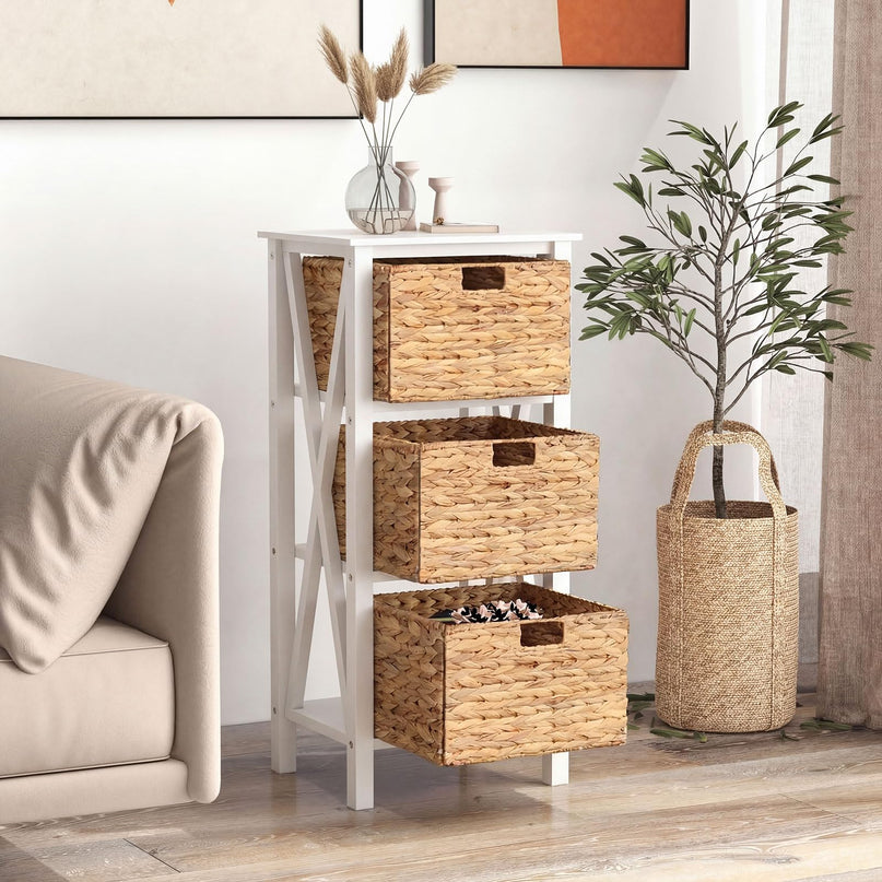 Giantex 3-Tier Nightstand with 3 Wicker Baskets(31.5''H-3 Baskets)