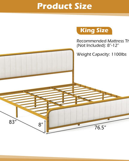 Giantex Twin Size Gold Bed Frame with Velvet Headboard and Footboard, Heavy-duty Metal Slats Support Mattress Foundation