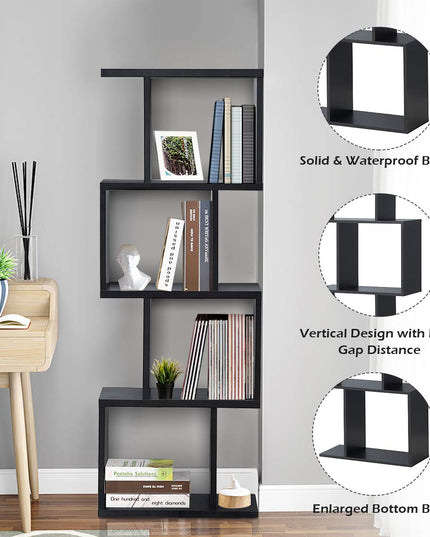 4 Tier Bookshelf S Shaped Bookcase, Multifunctional Wooden Display Decor Furniture