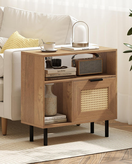 Giantex Rattan End Table with Cabinet Boho Nightstand