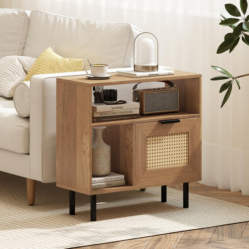 Giantex Rattan End Table with Cabinet Boho Nightstand