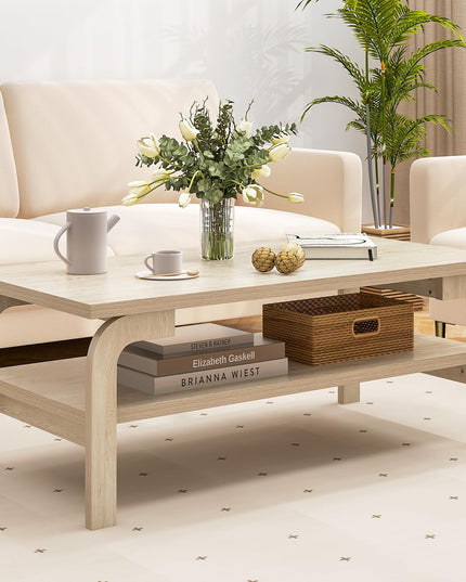 Giantex 2-Tier Coffee Table with Storage, 47” Mid Century Rectangle Accent Table with Open Shelf