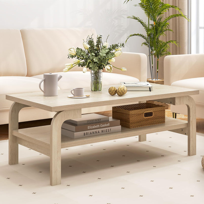 Giantex 2-Tier Coffee Table with Storage, 47” Mid Century Rectangle Accent Table with Open Shelf