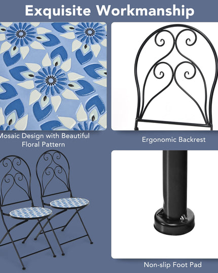 Giantex 2 Pieces Folding Bistro Chairs, Mosaic Patio Chairs with Ceramic Tiles Seat and Exquisite Floral Pattern