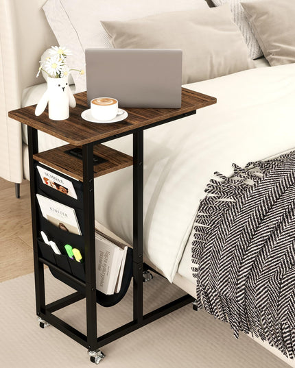Giantex C Shaped End Table with Charging Station and Wheels