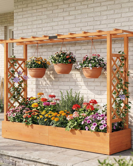 Giantex 45”Fir Wood Raised Garden Bed with Trellis & Hanging Roof