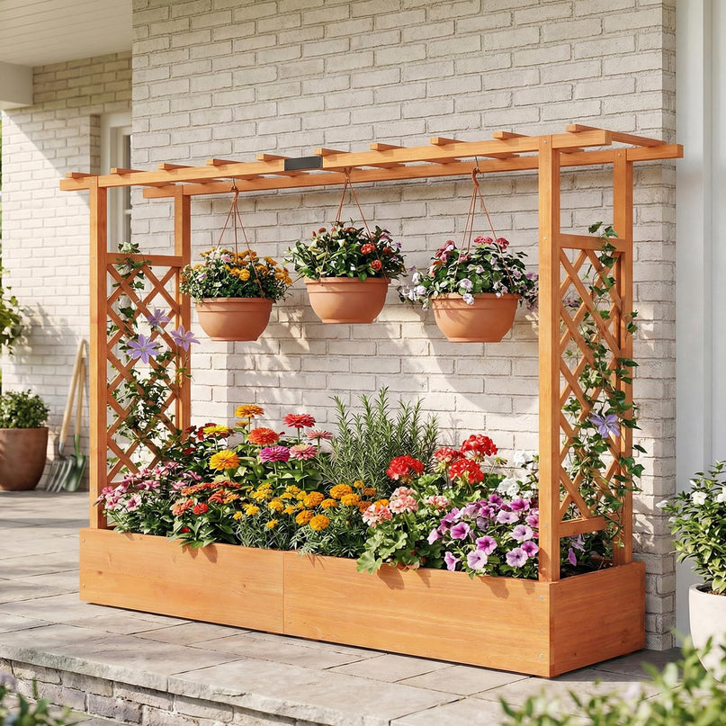Giantex 45”Fir Wood Raised Garden Bed with Trellis & Hanging Roof