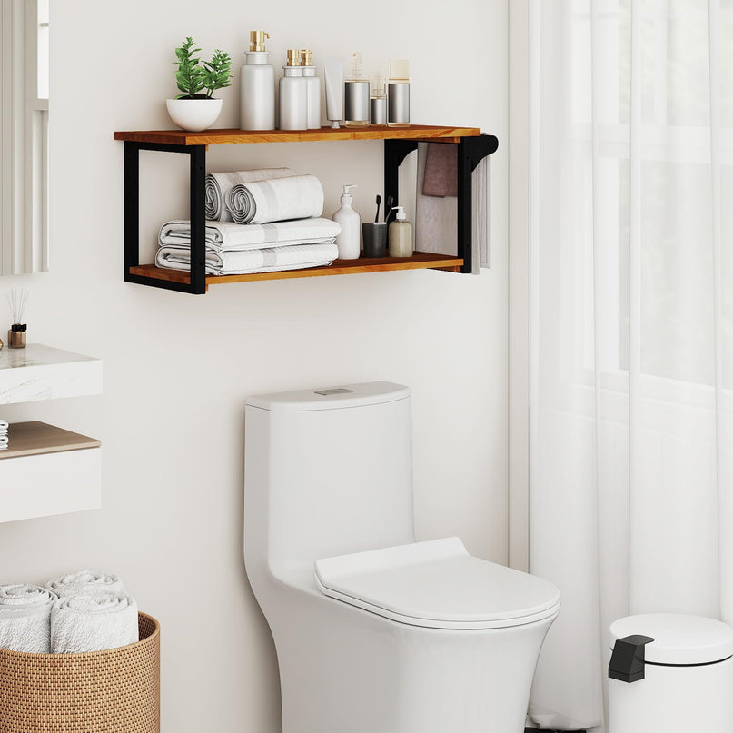 Giantex Teak Wood Bathroom Floating Wall Shelves 40.5" Long 2-Tier Storage Rack