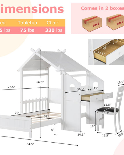Giantex Twin House Bed with Desk & Chair, Wood Kids Playhouse Bed with 2 Drawers