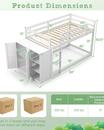 Giantex Twin Over Twin Bunk Bed with Storage Shelves, Solid Wood Bunk Bed Frame with Convertible Bookcase & Ladder, White