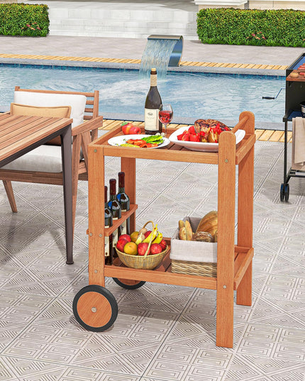 Giantex Wood Bar Cart 2 Tier Side Table with Large Wheels & Wine Bottle Rack