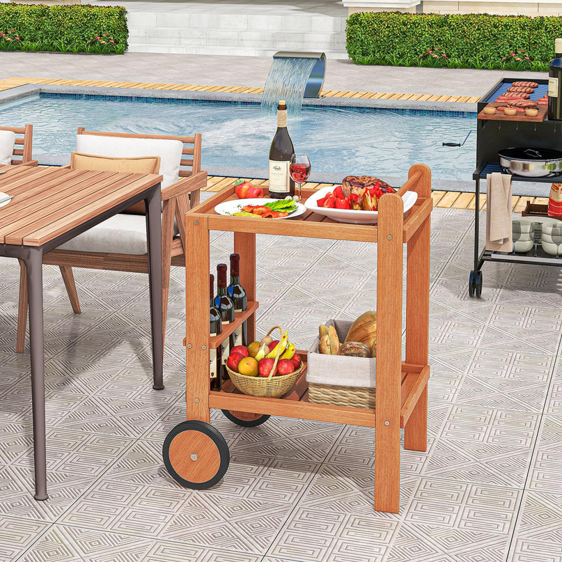 Giantex Wood Bar Cart 2 Tier Side Table with Large Wheels & Wine Bottle Rack