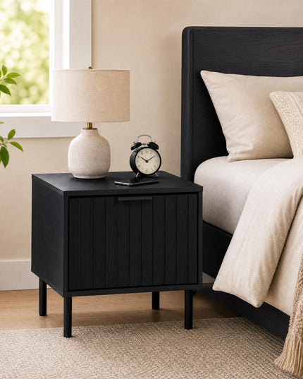 GIANTEX Black Modern Nightstand w/Vertical-Striped Storage Drawer