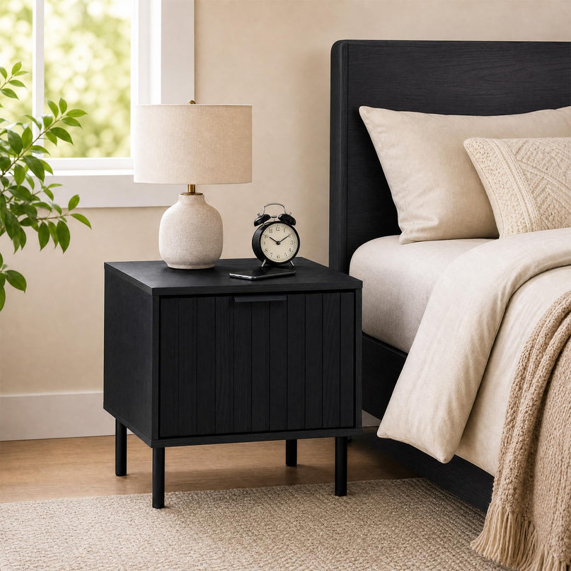 GIANTEX Black Modern Nightstand w/Vertical-Striped Storage Drawer