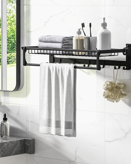 Giantex Foldable Towel Rack for Bathroom, Wall Mounted Towel Holder Organizer w/ 1 Basket, 1 Towel Bar & 5 Sliding Hooks