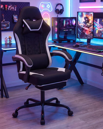 Fauteuil de gaming ergonomique et réglable avec repose-tête, repose-pieds et pivotement à 360°