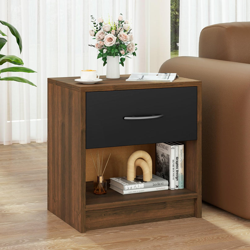 Giantex Night Stand Set of 1/2 with Drawer, Wood  End Table with Open Storage Shelf for Bedroom