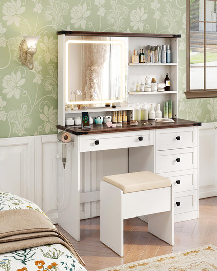 CHARMAID Vanity Desk with Mirror and Lights, Farmhouse Makeup Vanity Desk with 5 Drawers, 3 Shelves