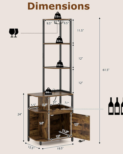 Giantex Corner Bar Cabinet w/Power Outlets | 6-Tier Industrial Wine Cabinet w/LED Light Strip