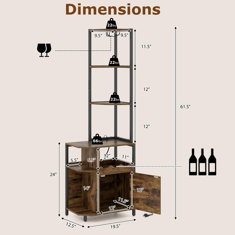 Meuble d'angle de bar Giantex avec prises électriques | Armoire à vin industrielle à 6 niveaux avec bandeau lumineux LED