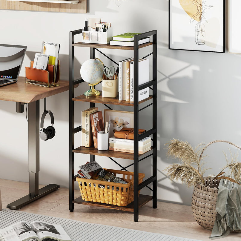 4-Tier Narrow Freestanding Display Shelf with Metal Frame & Wooden Storage Racks (1/2)