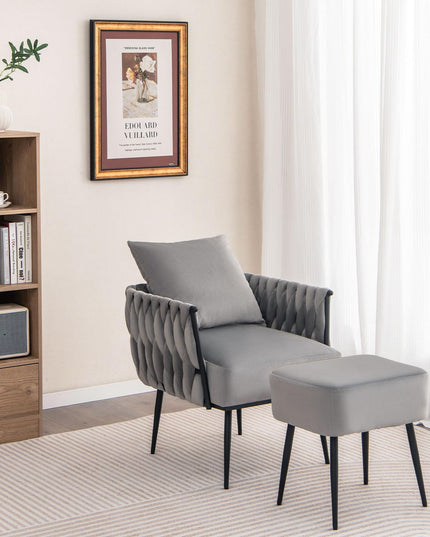 Giantex Velvet Accent Chair with Ottoman, Modern Comfy Arm Chair w/Solid Metal Frame, Pillow
