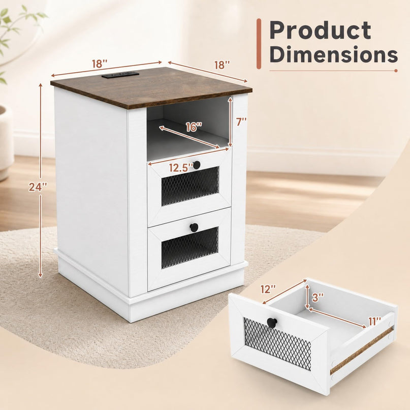 GIANTEX 2-Drawer Nightstand with Charging Station & Open Storage (1/2)