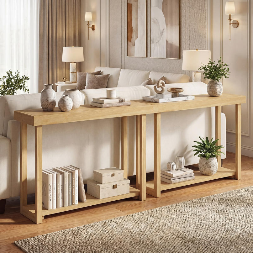 Giantex Console en bois massif à 2 niveaux avec cadre en bois de teck et étagère de rangement (46" x 12" x 32")