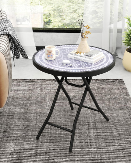 Giantex Folding Outdoor Side Table - 18” Round End Table with Tempered Glass Tabletop & Metal Frame