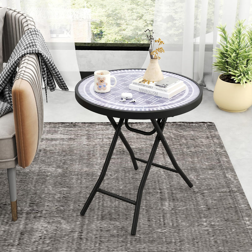Giantex Folding Outdoor Side Table - 18” Round End Table with Tempered Glass Tabletop & Metal Frame
