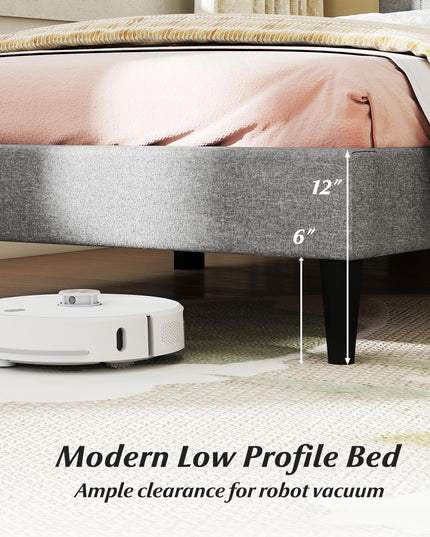 Lit plateforme moderne Giantex avec tête de lit géométrique en tissu de lin | Pas besoin de sommier tapissier