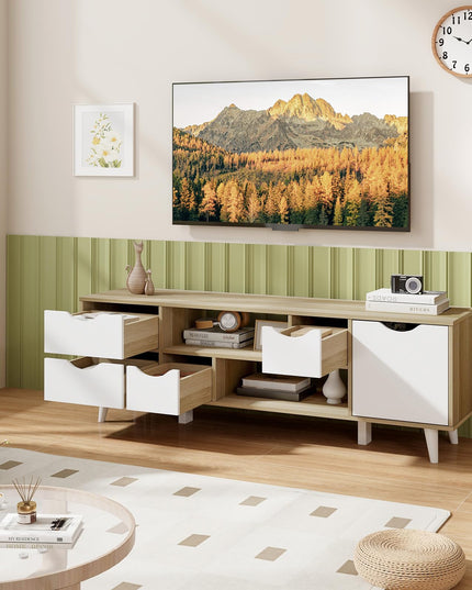 Giantex TV Stand for 55 Inches TVs, Mid Century Modern Entertainment Center with 4 Drawers, 1 Cabinet, Adjustable Shelf, 2 Compartments